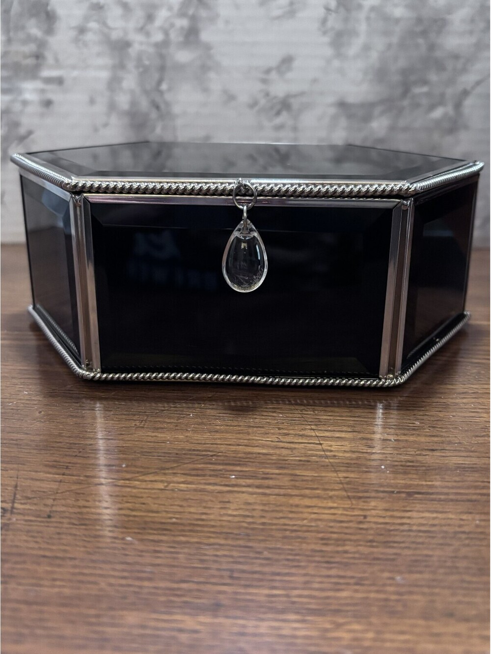 Vintage Style Black Hexagonal Beveled Glass Jewelry Box - Aesthetic Trinket Case